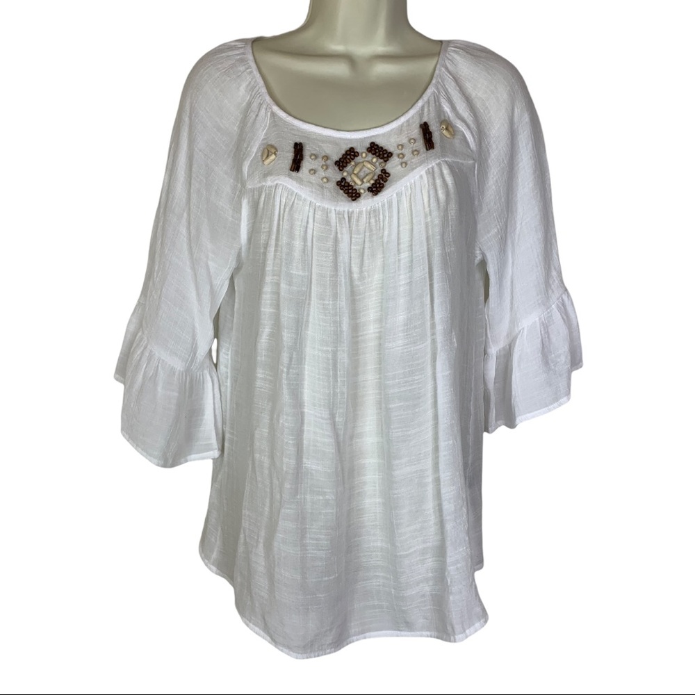 Zac & Rachel White Gauze  Semi Sheer Beaded Boho Peasant Blouse